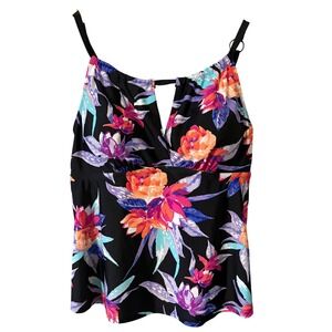 St Johns Bay Womens 18W Floral Tankini Top Black Pink Tropical V-Neck Swimwear